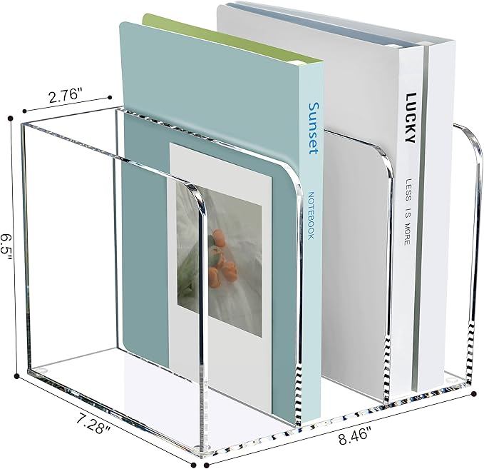 Acrylic Magazine Holder Desk Organizer Workspace Sorters,Clear Bookend File Sorter Holder,Folder Rack, Office Accessories Organization Storage with 3 Vertical Compartments