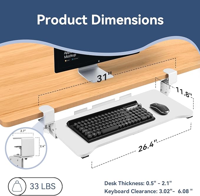 VUSIGN Keyboard Tray Under Desk Height Adjustable,Pull Out with Adjustable C Clamp Mount System for L-Shaped Tables, Extra Sturdy, 26.4” x 11.8” Slide-Out Platform Computer Drawer for Typing,White-DeskLoop Office
