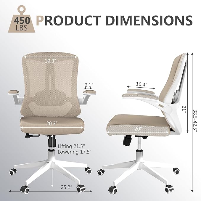 Office Chair, Ergonomic High Back Comfy Desk Chairs and Flip-up Armrest Lumbar, Swivel Tilt Function Backrest Computer Chair,PU Rolling Wheels Capacity 350LBS (Khaki)-DeskLoop Office
