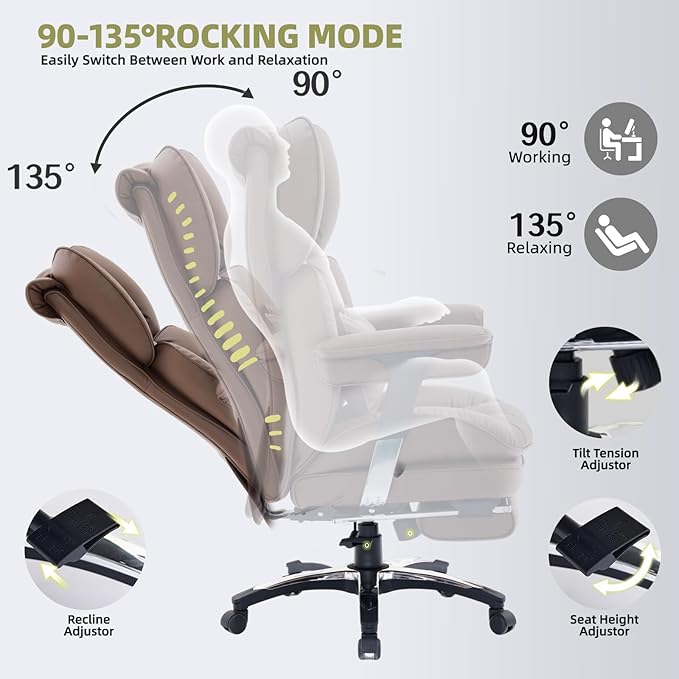 Efomao Big and Tall Office Chair with Footrest – High Back Computer Chair with Adjustable Armrests,Executive Office Chair with Wide Seat, Modern Desk Chair for Home Office, Gaming, or Study, Brown-DeskLoop Office