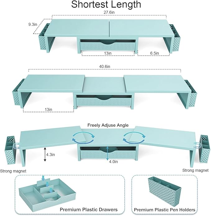 gianotter Dual Monitor Stand Riser, Desk Organizer With Drawer and 2 Pen Holders, Monitor Stand for Desk, Office Decor Essentials (Blue)-DeskLoop Office