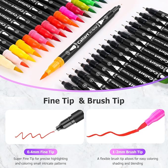 Caliart 34 Double Tip Brush Pens Art Markers, Aesthetic Cute Preppy Stuff School Supplies, Artist Fine & Brush Pen Coloring Markers for Kids Adult Book Cards Drawing Craft Kit Teacher Office Supplies-DeskLoop Office