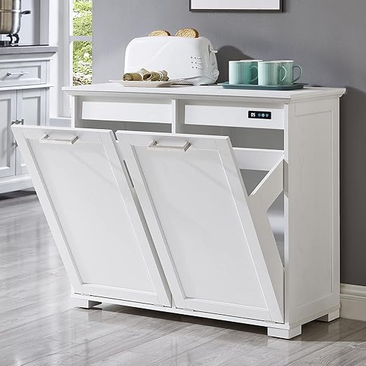 OLD CAPTAIN Double Tilt Out Trash Cabinet, Wooden Kitchen Garbage Can Free Standing Holder (White)…-DeskLoop Office