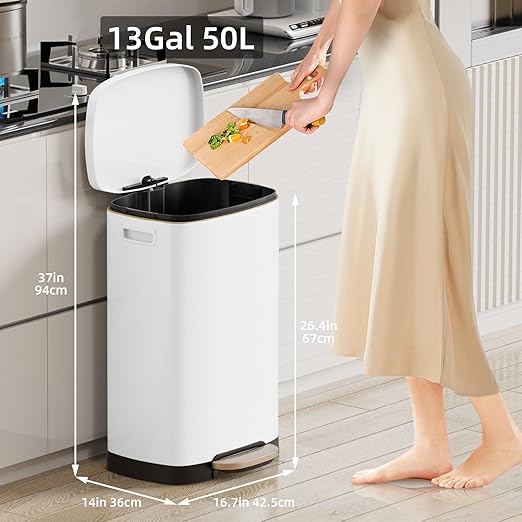 KUK 13 Gallon Kitchen Trash Can with Lid, 50L/13Gal Office Step Garbage Can for Home, Kitchen, Laundry Room, Office, Brushed Stainless Steel, White-DeskLoop Office