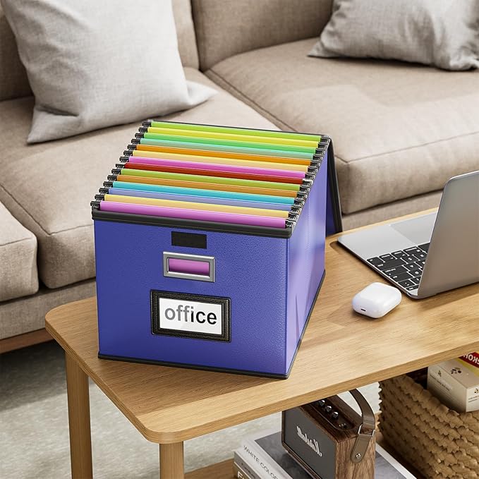 Huolewa File Organizer Box with Lid, Collapsible Leather File Folder Organizer for Office Document Storage, Filing Box with Plastic Slide for Letter/Legal Size Hanging Files,Navy Blue-DeskLoop Office