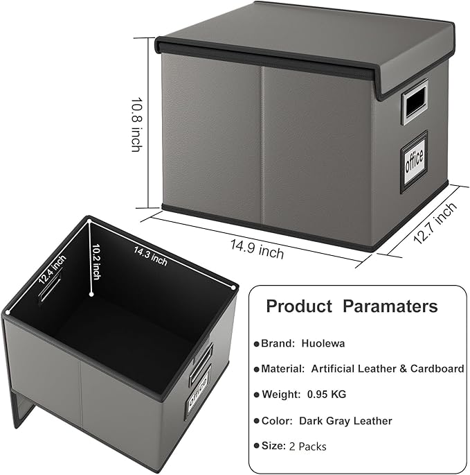 Huolewa File Organizer Boxes with Lids, Collapsible Faux Leather Hanging File Folder Box Organizer with Plastic Slide, Decorative Home/Office Filing System Boxes for File and Folders Storage-DeskLoop Office