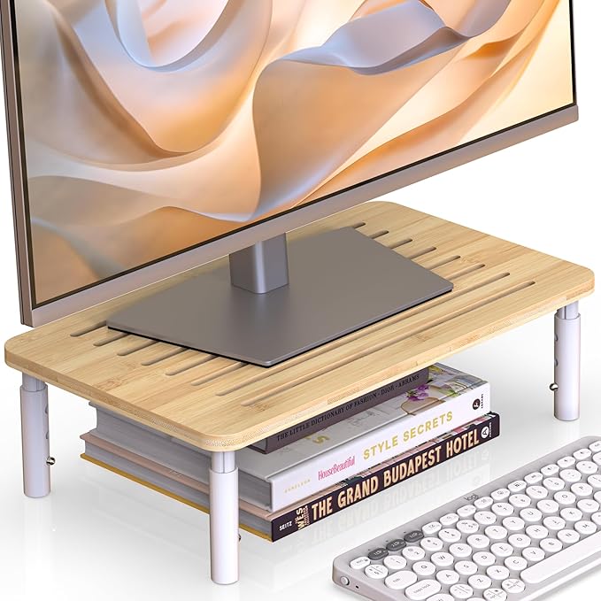 Bamboo Monitor Stand Riser, 4 Adjustable Height, Laptop Stand with Airflow Vents, Desk Organizer for Computer, PC, Printer (Natural)-DeskLoop Office