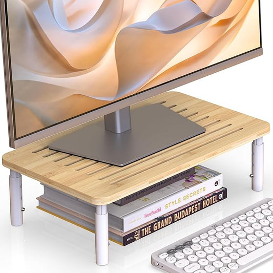 Bamboo Monitor Stand Riser, 4 Adjustable Height, Laptop Stand with Airflow Vents, Desk Organizer for Computer, PC, Printer (Natural)-DeskLoop Office