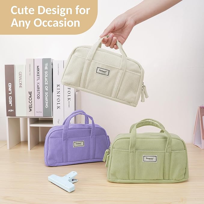 Sooez Large Pencil Case Pouch, Extra Big Pencil Bag with 5 Compartments, Pen Bag Wide Opening, Soft Corduroy Pencil Organizer with Zipper, Cute Aesthetic School Supplies for Teen Girls Light Pink-DeskLoop Office