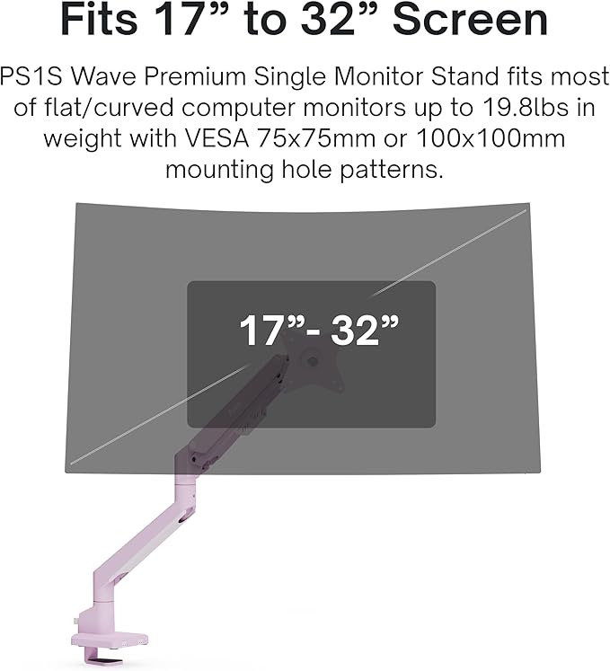 Pixio PS1S Wave Pink Single Monitor Arm Stand Desk Mount - Fits up to 32 inches Monitors and up to 19.8lbs. VESA Compatibility and Integrated Cable Management-DeskLoop Office