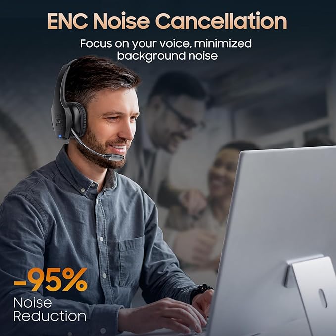 Trucker Bluetooth Headset, Wireless Headset with Mic, Bluetooth Headsets with Dual Noise Cancelling Microphone & Mute Button, 55Hrs Working Time PC Headsets for Cell Phones, Computer, Truck Driver-DeskLoop Office