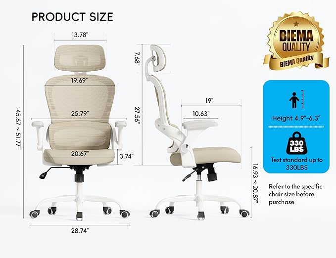 TRALT Office Chair - Ergonomic Office Chair with Back Support, Computer Chair - Home Office Desk Chairs, 330lbs Wide Seat Big and Tall Office Chairs with Headrest, Comfy Desk Chairs (Beige)-DeskLoop Office
