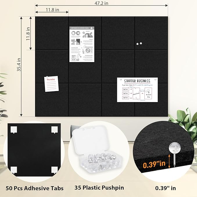 Smarpau Large Cork Board, Black Bulletin Board for Walls 48"x36", 12 Pack Pin Board Felt Wall Tiles with 35 Pushpins 50 Removable Security Stickers, Cork Boards for Office Home Decoration-DeskLoop Office