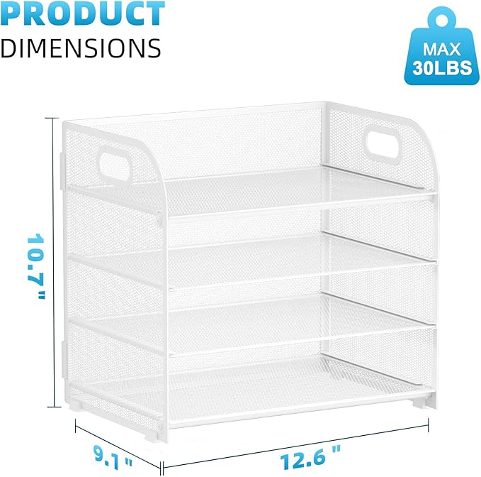 Marbrasse 4 Tier Paper Organizer Letter Tray, Mesh Desk File Organizer with Handle, Paper Sorter Organizer for Letter /A4 Office File Folder Holder(White, 12.6" x 9.1" x 10.7")-DeskLoop Office