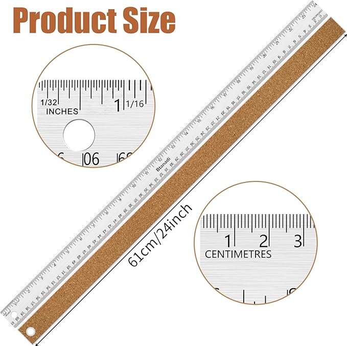 24 Inch Metal Ruler, Stainless Steel Straight Edge Ruler with Cork Backing, Non-Slip Imperial & Metric Measuring Tool for School, Office, Woodworking, Drafting-DeskLoop Office