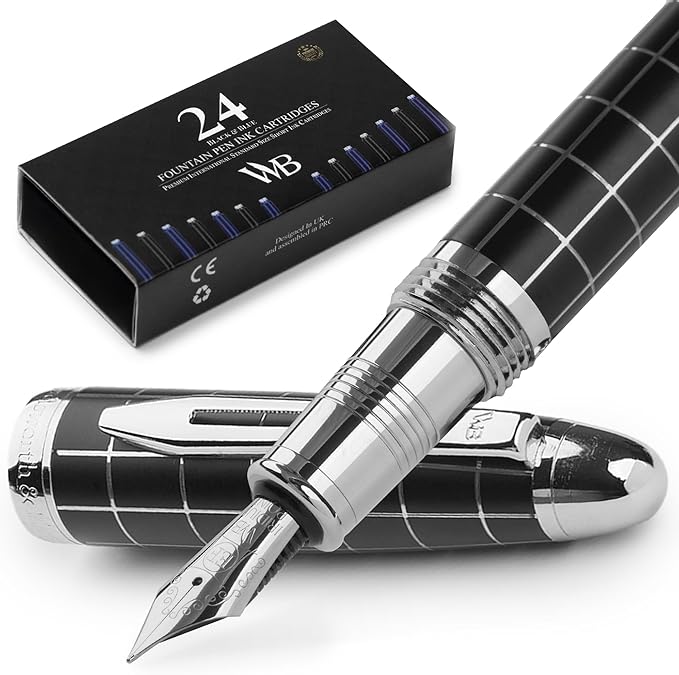 Wordsworth & Black Majesti Fountain Pen-(Checked), Luxury Case, Chrome Finish; Extra Fine Nib- Ink Cartridges, Refillable Ink Converter-Calligraphy Pen-Best Business Gift Set for Men & Women-DeskLoop Office