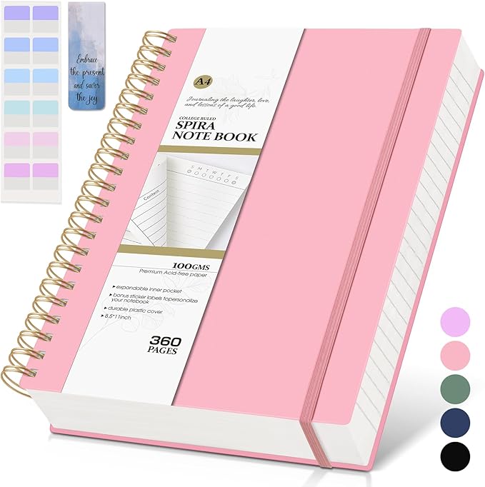 Pink Spiral Notebook Journal College Ruled 8.5''x 11'', 360 Pages Lined Thick Journals for Women Men, A4 Large Spiral Notebooks with 100GSM Paper, Spiral Journaling for Writing Work, School-DeskLoop Office