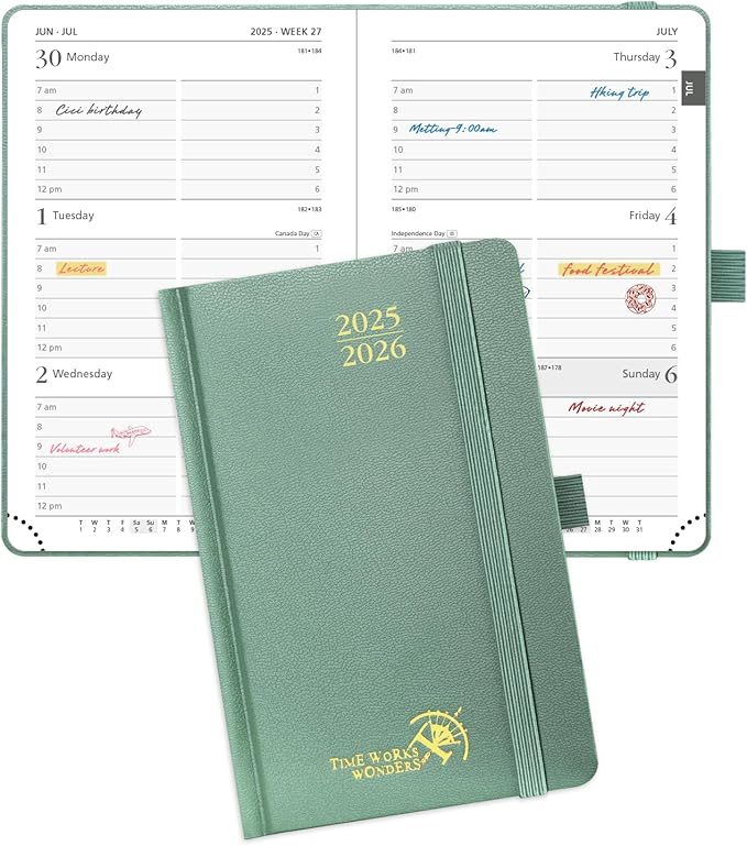 POPRUN Pocket Planner 2025-2026, (Purse Size 4''x 6.25'' Hard Cover) Academic Year Calendar Daily Weekly and Monthly (July 25-June 26) with Hourly Time Slots, 100 GSM Paper - Midnight Green-DeskLoop Office