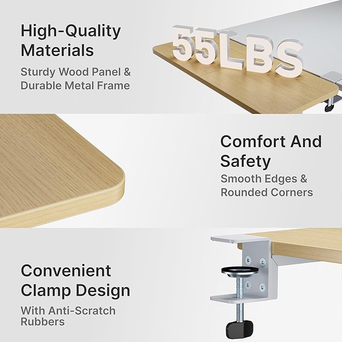 Desk Extender Tray, 24" x 12" Clamp On Desk Shelf, Desk Extension with Storage Drawer, Table Desk Arm Rest, Clamp On Keyboard Tray for Office and Home, Workstation Organizer, Medium, Wood-DeskLoop Office