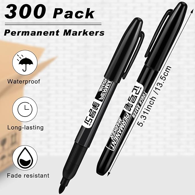 Thenshop 300 Pack Permanent Markers Bulk First Day of School Back to School Supplies Fine Point Waterproof Marker Works on Plastic, Wood, Stone, Metal, Glass for Office Classroom(Black)-DeskLoop Office
