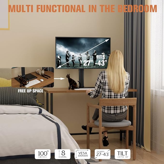 Single Monitor Stand Freestanding 27-43 Inch Monitor Arm Curved Screen Monitor Mount Tempered Glass Base Adjustable Motion Tilt -15° to 10° Swivel ±45° Rotation 360° Weight Capacity 77lbs HT05B-003-DeskLoop Office