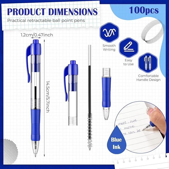 Fulmoon 100 Pcs Gel Ink Pens Retractable Ballpoint Medium Point 1.0 mm Ballpoint Smooth Writing Click Pens for Journal Writing Office Home(Blue Ink)-DeskLoop Office