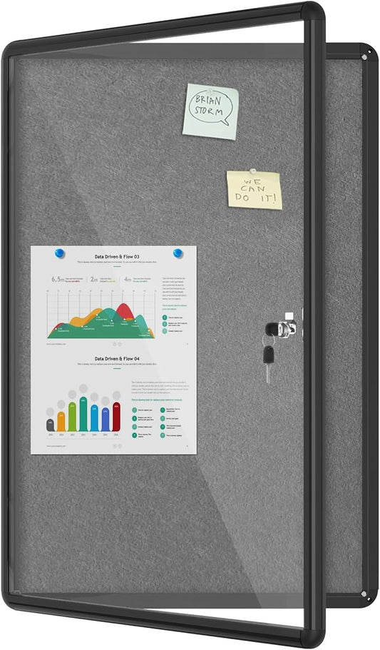 36"x24" Enclosed Bulletin Board, Lockable Weather-Resistant Aluminum Cork Noticeboard for School & Office, Black Frame w/Grey Flet-DeskLoop Office