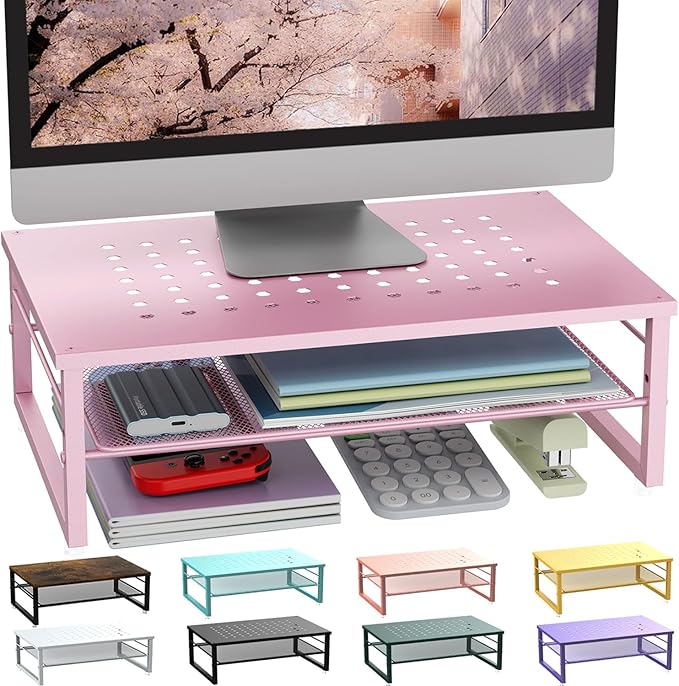 Gianotter 2-Tier Metal Monitor Stand Riser, Workspace Organizer with Desk Accessories, Office Storage for Supplies (Pink)-DeskLoop Office