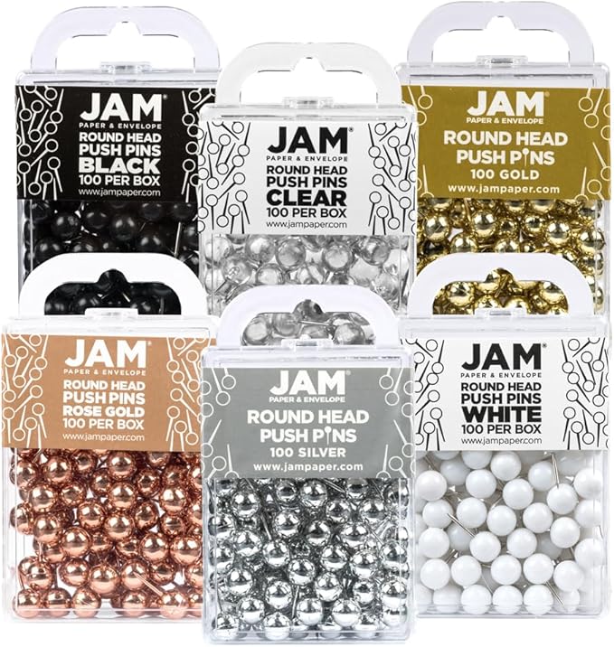 JAM PAPER Colorful Push Pins - Round Head Map Thumb Tacks - Assorted Business Colors - 600/Pack-DeskLoop Office