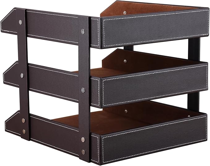 KINGFOM Letter Tray, Leather Paper Organizer Tray, Wooden Desk File Holder, Desktop File, Stackable Magazine Holder, Mail Sorter, Great for Home or Office - 3 Level Brown-DeskLoop Office