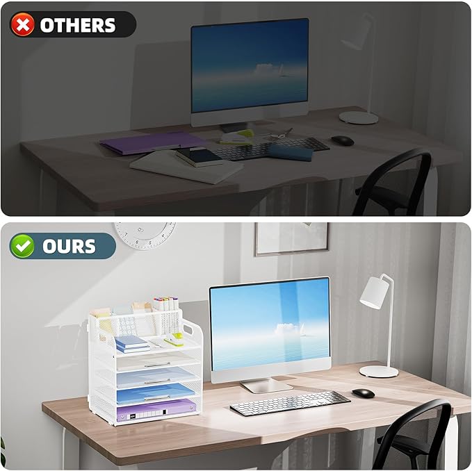 Marbrasse 5 Tier Paper Organizer with 3 Pen Holders, Mesh Desk File Organizer with Handle, Paper Sorter Desk Organizer for Home Office Supplies(White)-DeskLoop Office