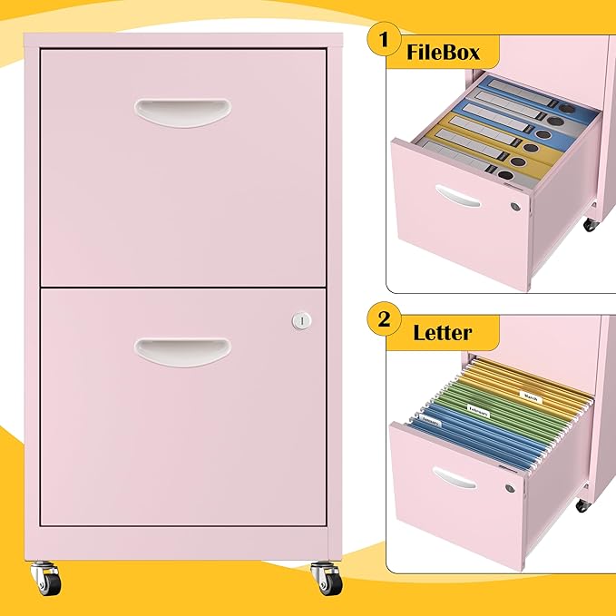 2 Drawer File Cabinet with Lock,Pink Rolling File Cabinet for Home Office, Metal Small Mobile Filing Cabinets on Wheels for Hanging Letter
