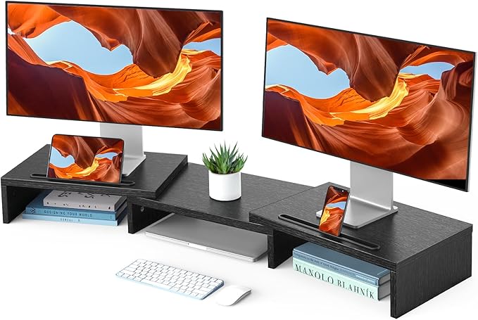 HUANUO Dual Monitor Stand Riser, Adjustable Monitor Stand for Desk with 2 Slot, Desktop Organizer Stand for 2 Monitors, Multi-Purpose Desk Shelf Monitor Stand Riser for Computer, Laptop, PC, Black-DeskLoop Office