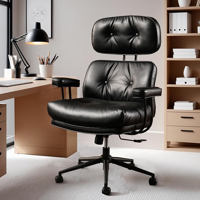 ovios Home Office Chair, Mid-Century Modern Faux PU Leather Chairs with Lumbar Support Comfy Thick Cushion, High Back Ergonomic Swivel Rolling Executive Armchair (Black, PU Leather)-DeskLoop Office
