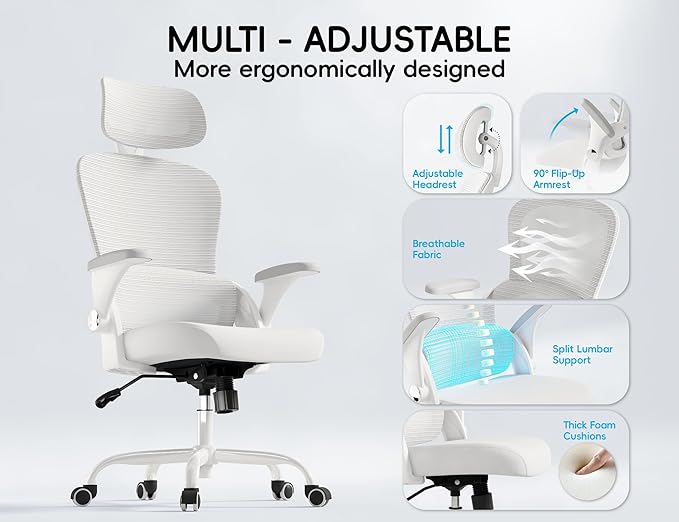 TRALT Office Chair - Ergonomic Office Chair with Back Support, Computer Chair - Home Office Desk Chairs, 330lbs Wide Seat Big and Tall Office Chairs with Headrest, Comfy Desk Chairs (White)-DeskLoop Office