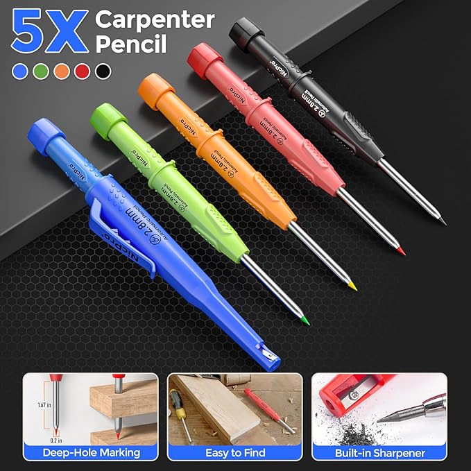 Nicpro 5 Pack CP3000 Carpenter Pencil with Sharpener, Mechanical Pencils Set with 59 Refills, Heavy Duty Construction Pencil, Carpenter Tools for Architect Marking (Red, Black, Orange, Green, Blue)-DeskLoop Office