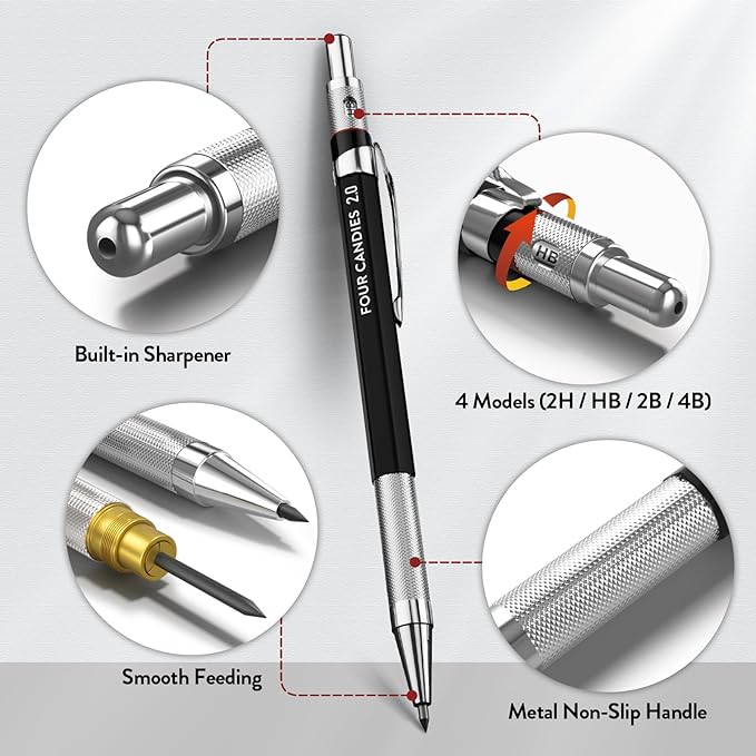 Four Candies 3PCS 2MM Mechanical Pencils with case, Artist Led Pencil Metal Lead Holder with 120 Graphite Lead Refills(HB 2H 2B 4B Color), 4 Erasers, Sharpener, Drafting Pencil for Drawing, Sketching-DeskLoop Office