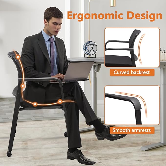 CLATINA Mesh Back Guest Reception Arm Chairs with Wheels, Waiting Room Chairs with Upholstered Fabric Seat and Ergonomic Lumbar Support for Office-DeskLoop Office