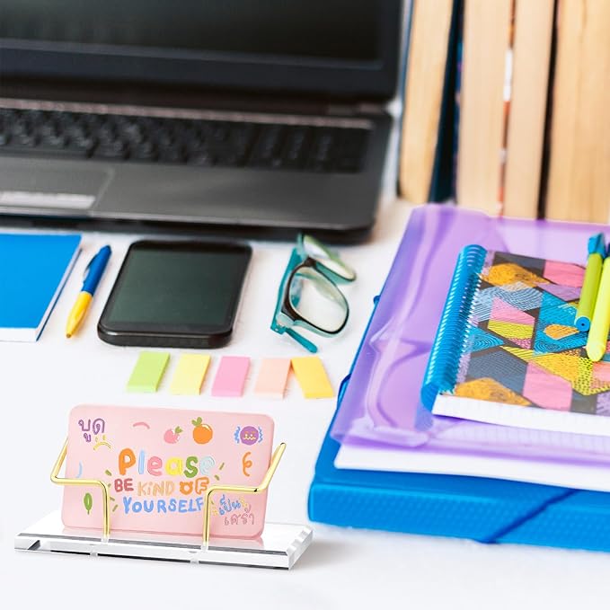 Amyhill 2 Pieces Acrylic Business Card Holder for Desk Clear Horizontal Business Card Display Stand Postcard Holder for Office Home Desktop (Gold)-DeskLoop Office