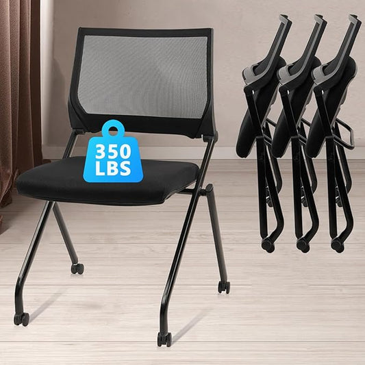 CLATINA Stackable & Foldable Conference Room Chairs, Waiting Room Chairs with Wheels & Lumbar Support, Ergonomic Mesh Bouncing Back Folding Chair for Office Meeting Schools Training Room, Black(4pk)-DeskLoop Office
