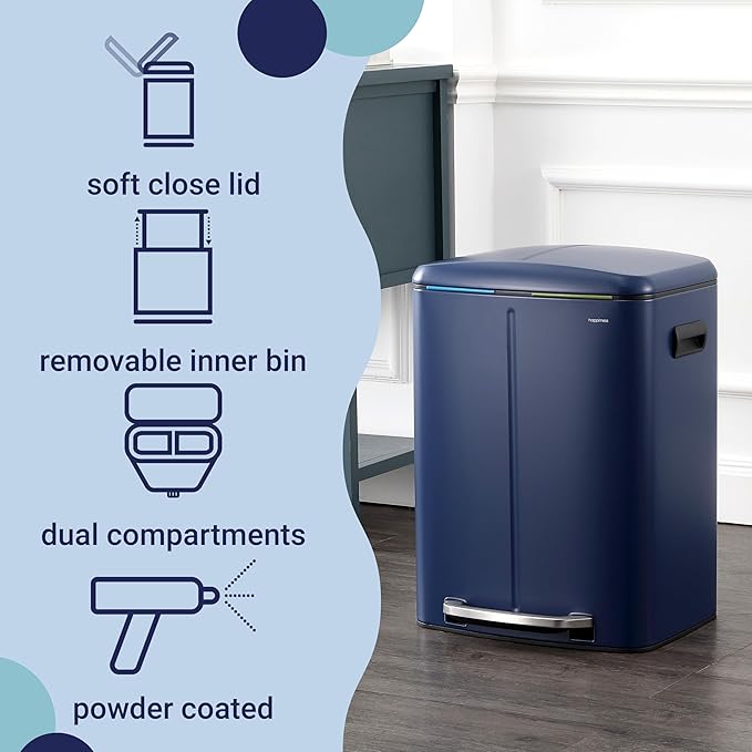 happimess HPM1005J Marco Rectangular 10.6-Gallon Double Bucket Trash Can with Soft-Close Lid, Denim Blue,with Soft-Close Lid, Modern, Minimalistic for Home, Kitchen, Office, Bedroom, Bathroom-DeskLoop Office