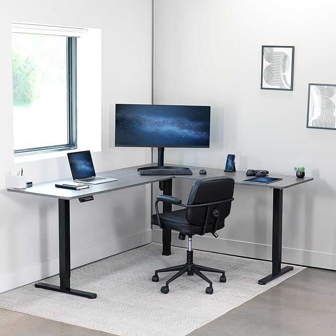 VIVO Electric Corner L-Shaped 75 x 63 in Standing Desk, Memory Height Adjustment, Dark Gray Top Black Frame, DESK-E3CTG-75-DeskLoop Office