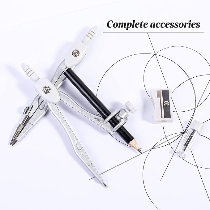 Math Geometry Kit Sets 10 Piece Student Supplies with Shatterproof Storage Box,Includes Rulers,Protractor,Compass,Eraser,Pencil Sharpener,Lead Refills,Pencil,for Drafting(White)-DeskLoop Office