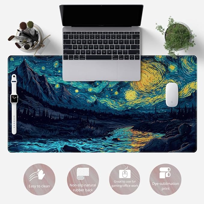 Misty Forest Desk Pad Mat Vincent Van Gogh XL Mouse Pad Gaming Playmat Large Mousepad XXL Desk Laptop Pad Equipped with Waterproof Storage Bag Non-Slip Stitched Edges (31.5x15.7 in)-DeskLoop Office