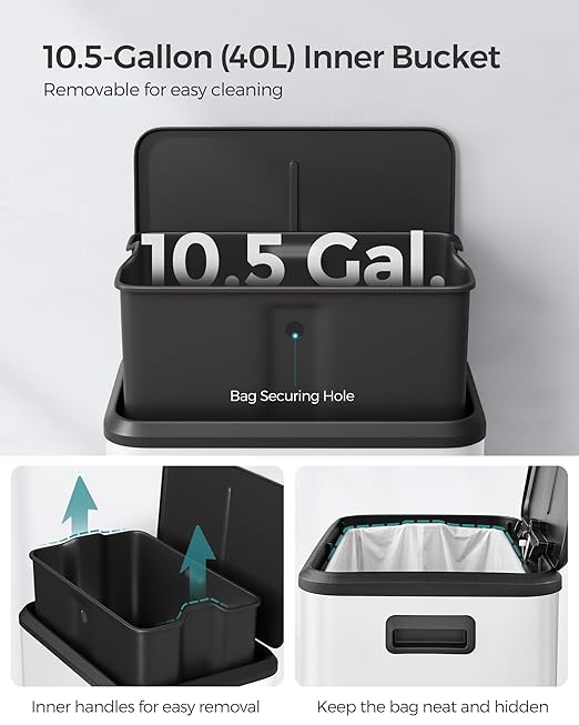 SONGMICS Kitchen Trash Can, 10.5-Gallon (40L) Garbage Can with Lid and Wide Foot Pedal, Soft Close and Stays Open, White ULTB541W40-DeskLoop Office