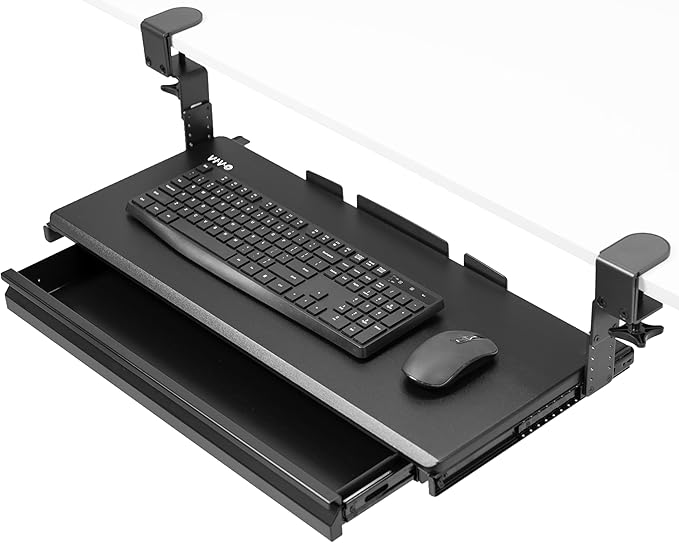VIVO Large Height Adjustable Clamp-on Keyboard Tray, Extra Sturdy Pull Out Platform with Storage Drawer, 27 (33 Including Clamps) x 11 inch Slide-Out Tray with Organizer, Black, MOUNT-KB05HB-DR-DeskLoop Office