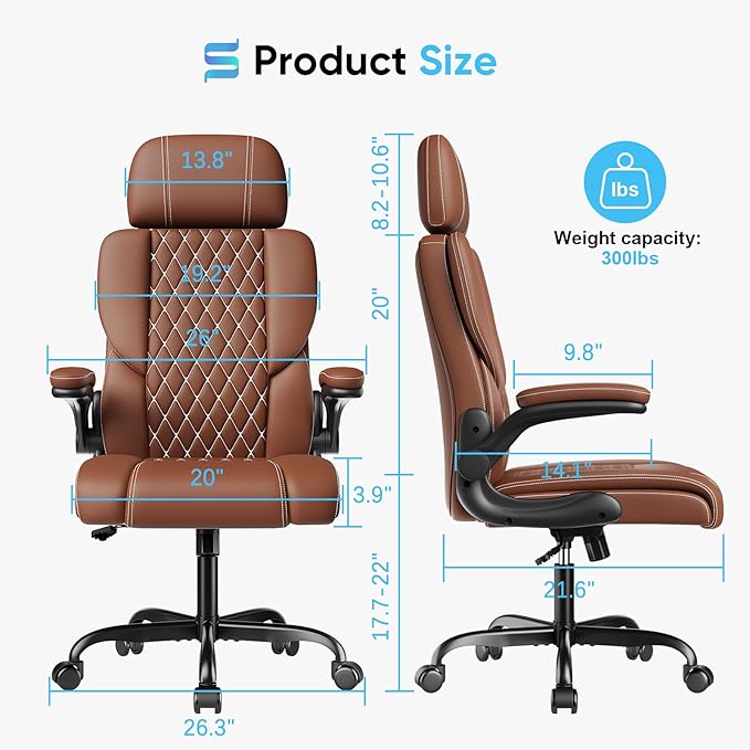 Sytas Executive Leather Office Chair, Comfy Desk Chair with Adjustable Headrest & Flip-up Padded Arms & Lumbar Support, Adjustable Hight and Tilt, Rolling Swivel, Brown-DeskLoop Office