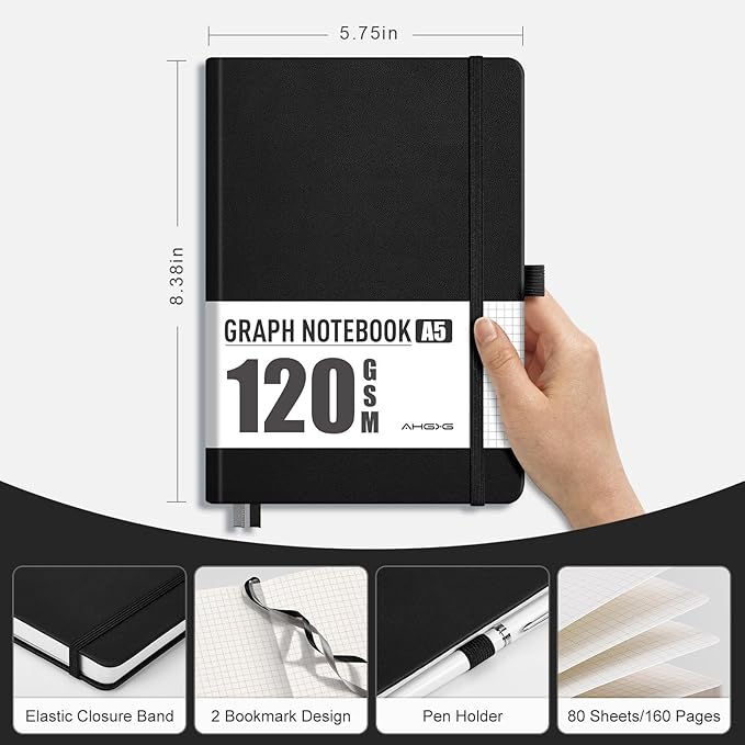 AHGXG Graph Paper Notebook - Grid Notebook Journal A5, 120 GSM Thick Graph Paper, 160 Pages, Leather Hardcover, for Graphing, Writing, Math, Engineering, 5.75'' × 8.38''- Black-DeskLoop Office