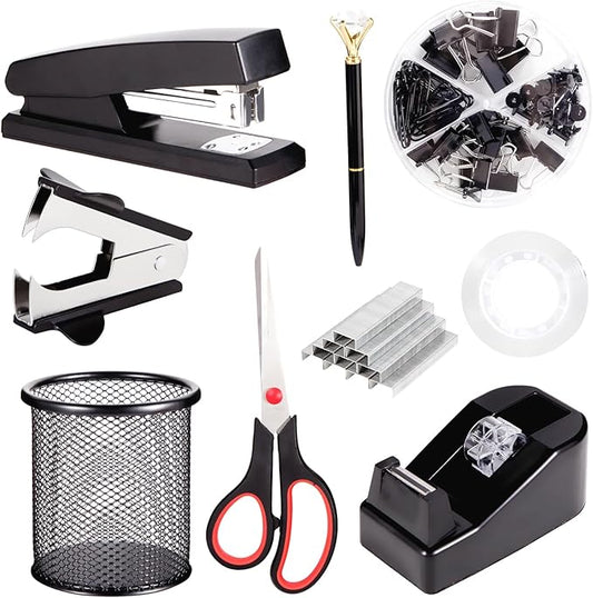 Black Desk Accessories, Office Supplies Set with Stapler, Tape Dispenser, Staple Remover, Pen Holder, Scissor, Binder/Paper Clips, Ballpoint Pen, Clear Tape and 1000pcs Staples-DeskLoop Office