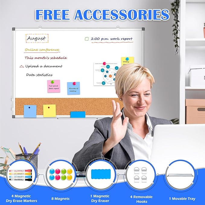 Double-Sided Whiteboard Cork Board Combo for Wall, WALGLASS 24" x 18" Dry Erase White Board Corkboard Combination, Hanging Wall Mount Bulletin Board with Aluminum Frame for Office, Home, School-DeskLoop Office